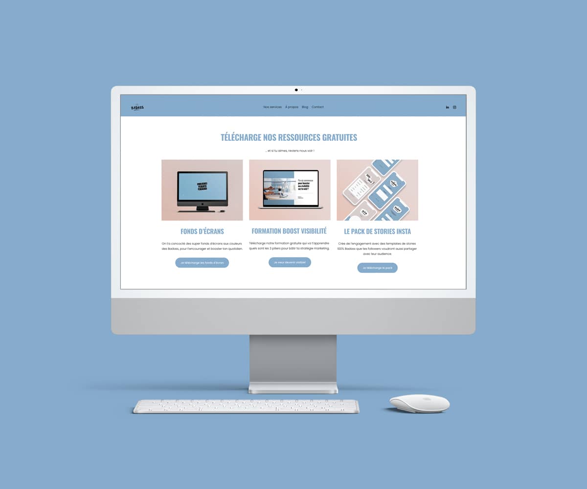 mockup-site-les-badass-2 Mockup du site web des Badass. Ici : la page d'accueil avec les différentes ressources gratuites