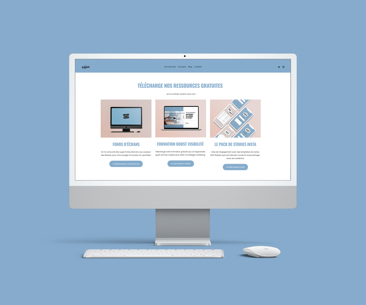mockup-site-les-badass-2 Mockup du site web des Badass. Ici : la page d'accueil avec les différentes ressources gratuites